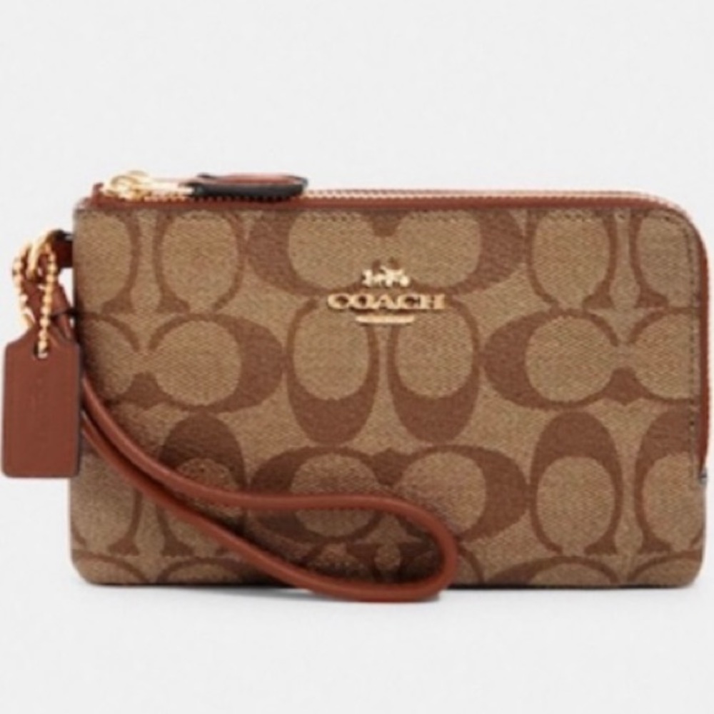 Coach double corner zip wristlet in signature canvas